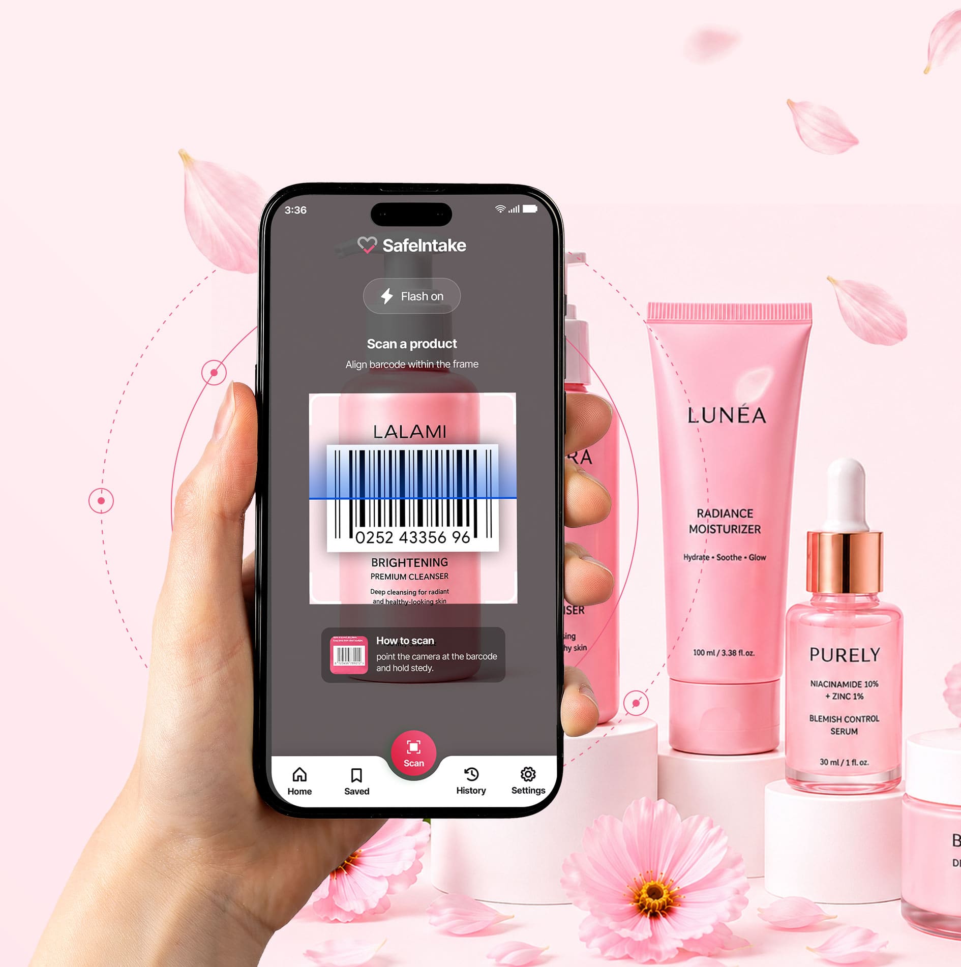 Hand holding phone scanning skincare products with SafeIntake